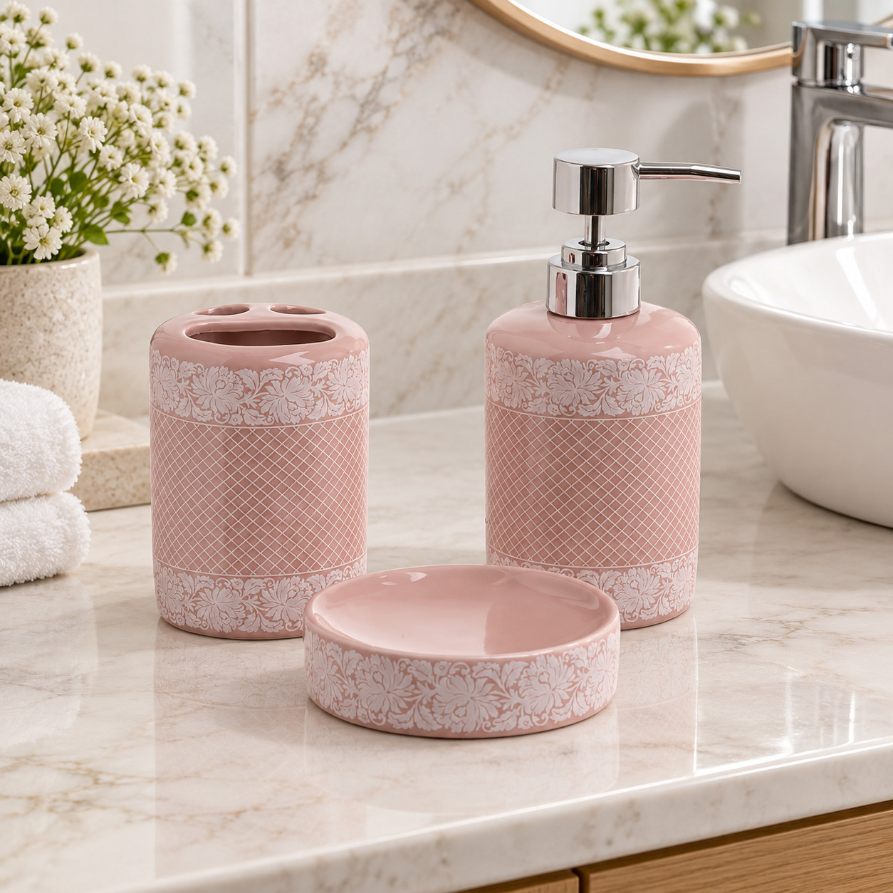 INART Kupaonski set 3/1 pink/bijeli - prikaz u prostoru
