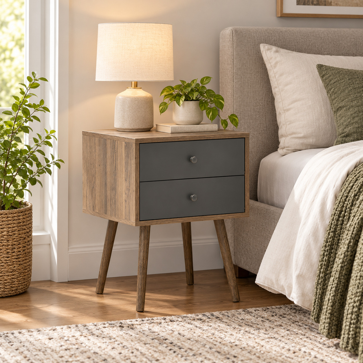 INART Noćni ormarić natural/siva 45χ39χ59cm - prikaz u prostoru