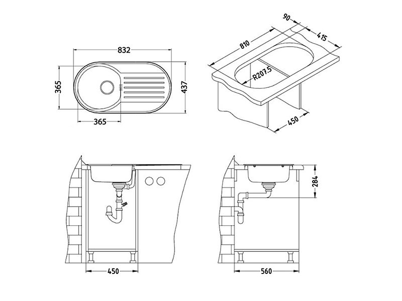 Alveus sudoper Form 40 A, satinirana, 437 × 832 mm, inox, 1060001 – dodatni prikaz