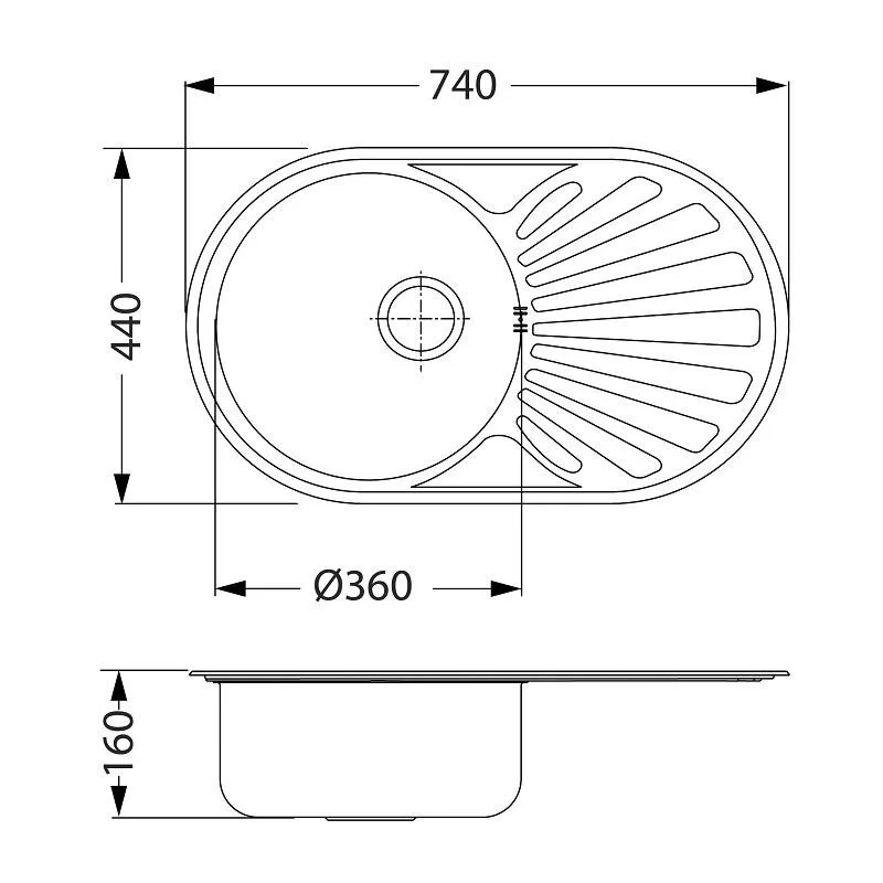 Alveus sudoper Genesis Ciklo 20, 440 × 740 mm, inox (nehrđajući čelik AISI 304), 1123986 – tehnička skica ili detalj