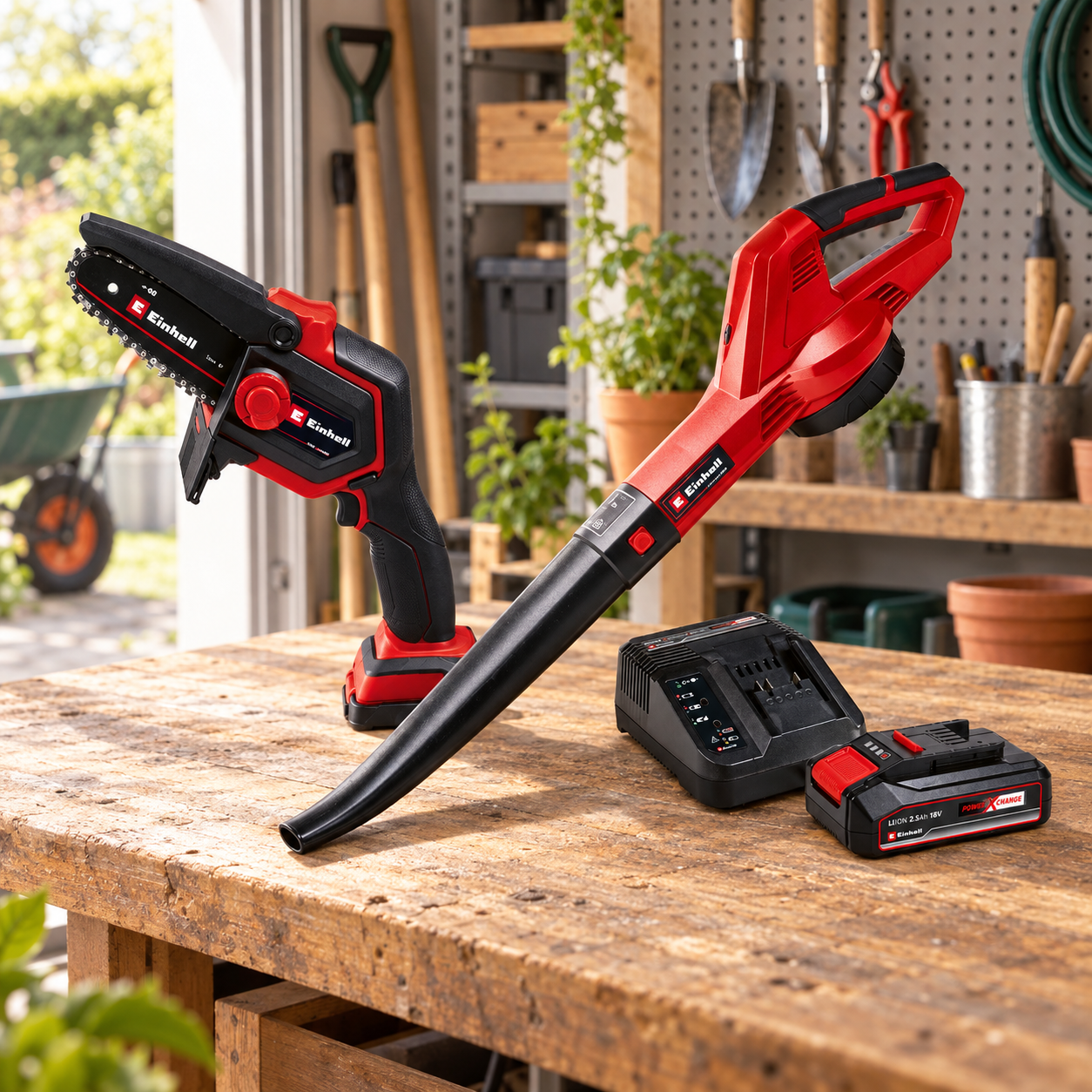 Einhell Power X-Change 3 u 1 vrtni set u kućnoj alatnici